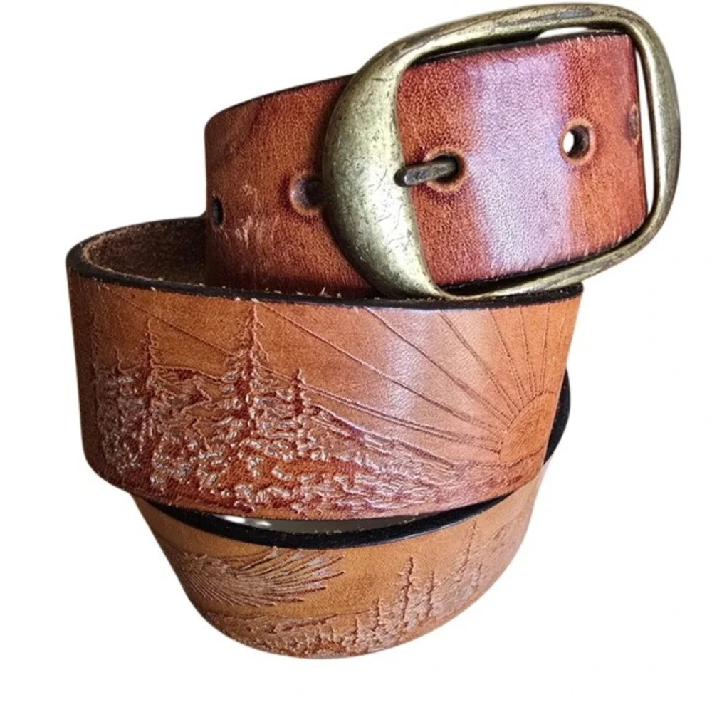 Vintage Tooled Leather Nature‎ Scene Belt Tan Tree Sun Embossed Brass Buckle